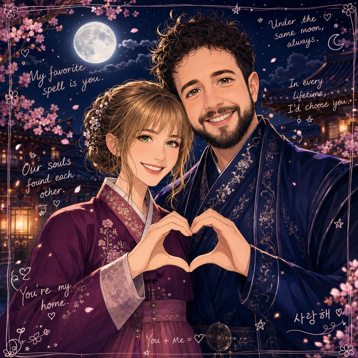Kate and her husband drawn as a Joseon-era couple in hanbok, making a heart with their hands beneath a full moon and cherry blossoms, in the style of Alchemy of Souls.