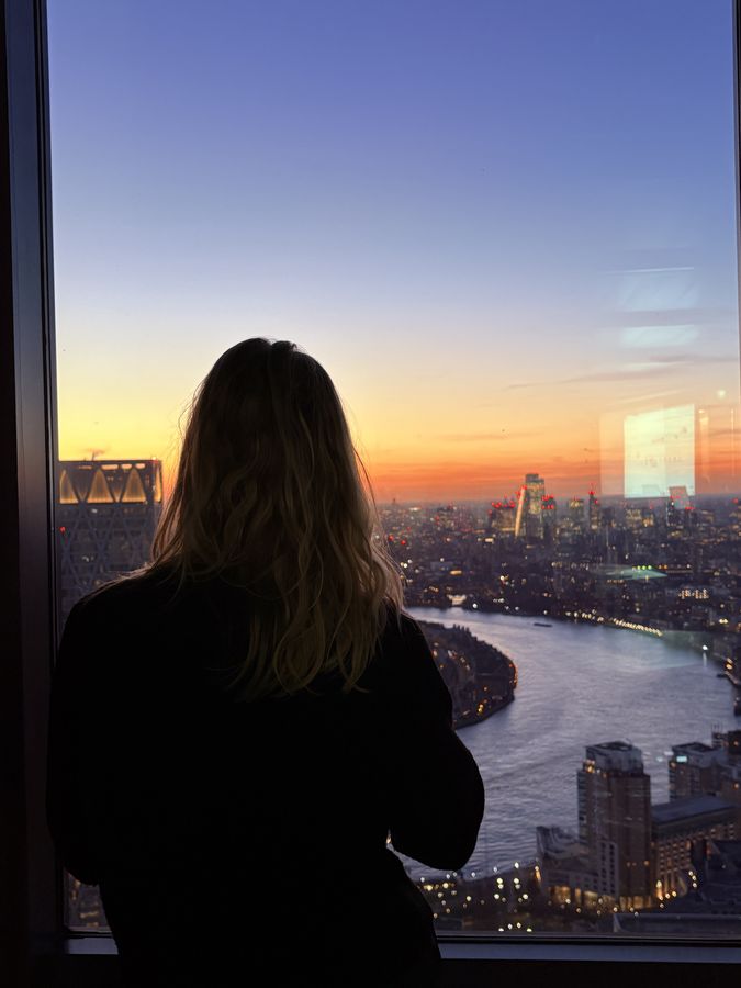 Silhouette against a city skyline at golden hour